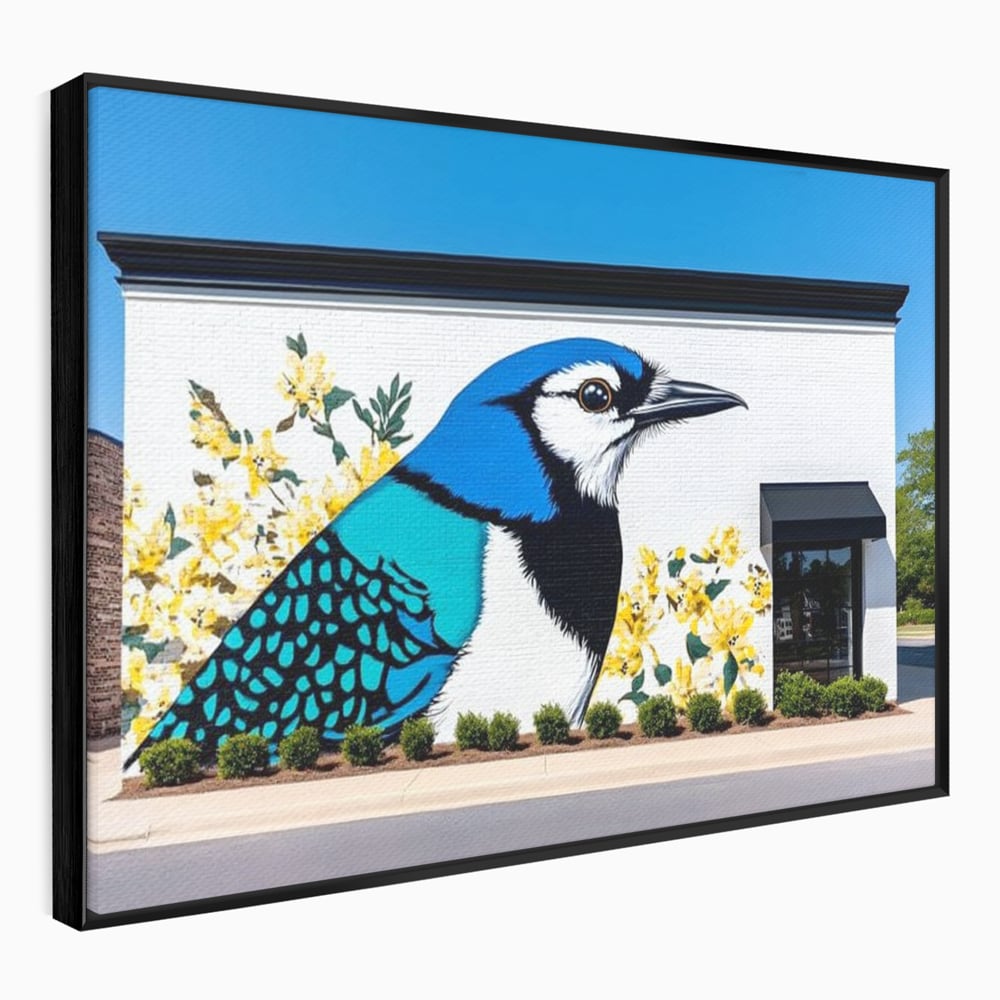 Tablou canvas cu tablou canvas cu o pasare murala si flori galbene, in rama de aluminiu negru